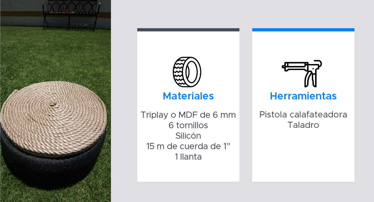 materiales y herramientas para hacer tú mismo un taburete moderno con una llanta, triplay y cuerda