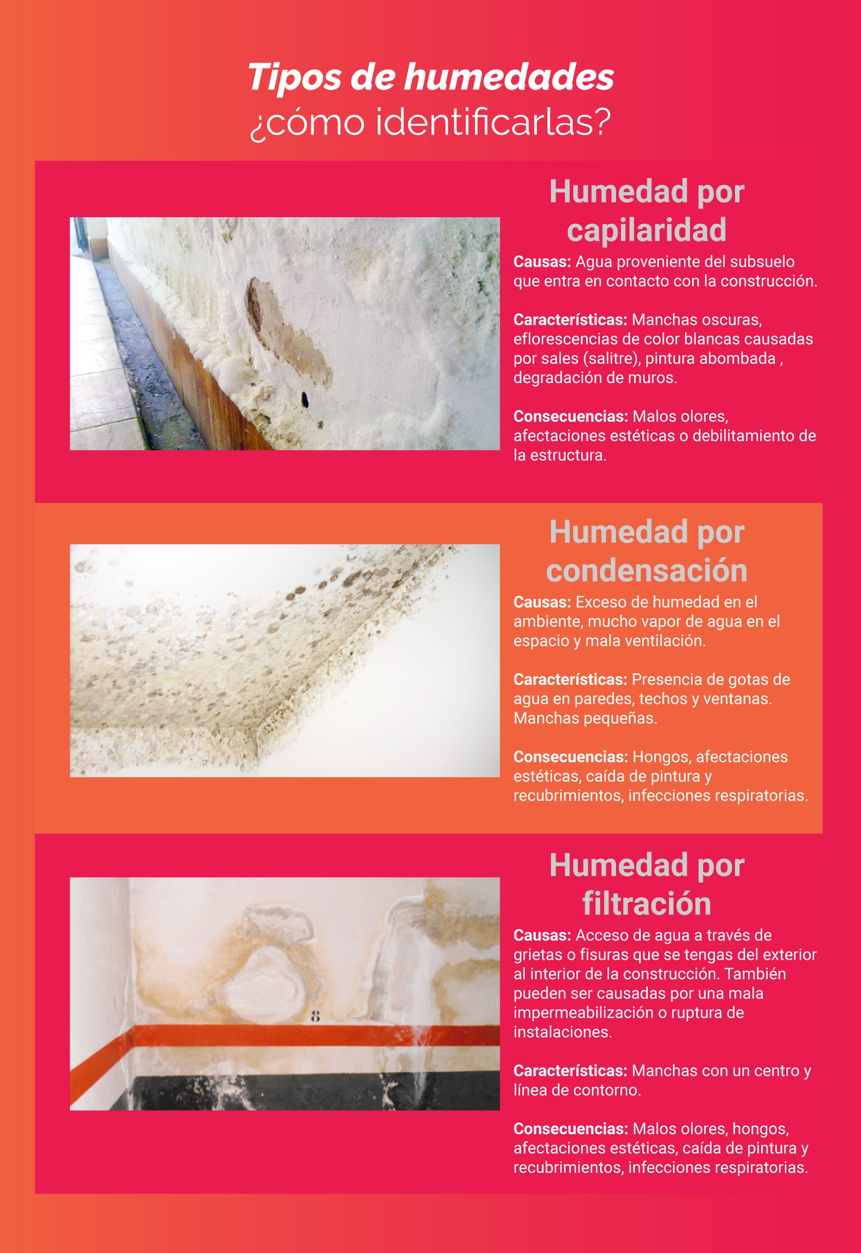 Conoce las características y las causas de la humedad en casa, tipos de humedad: humedad por capilaridad, humedad por condensación y humedad por filtración