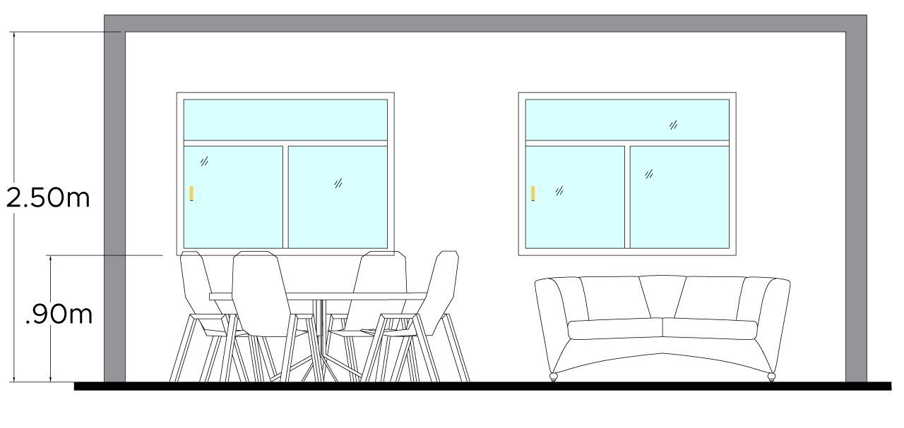 Ilustración donde se ejemplifica la aplicación de las medidas en una sala-comedor