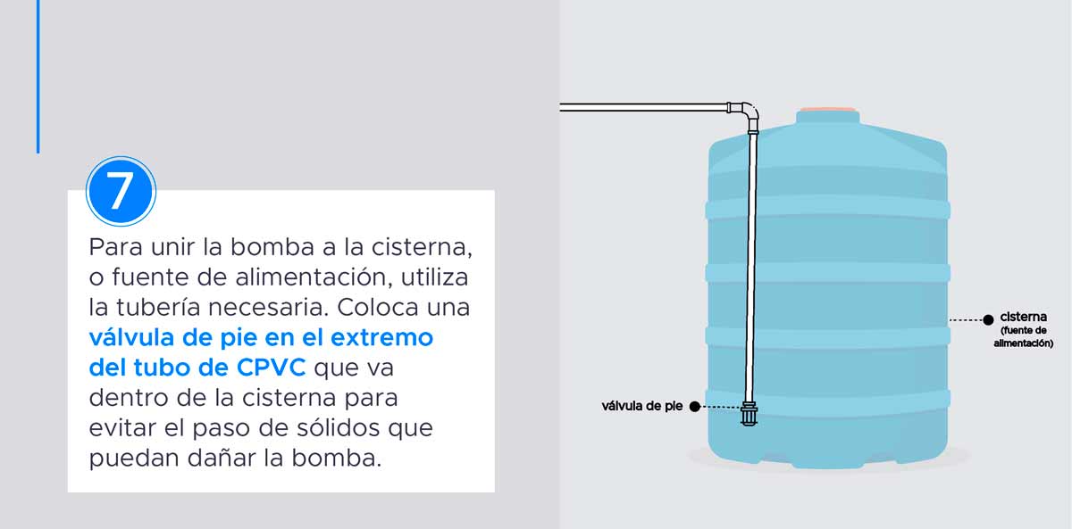 Paso 7. Para unir la bomba a la cisterna o a la fuente de alimentación, utiliza la tubería necesaria. Coloca una válvula de pie en el extremo del tubo de PVC que va dentro de la cisterna para evitar sólidos que puedan dañar la bomba. 