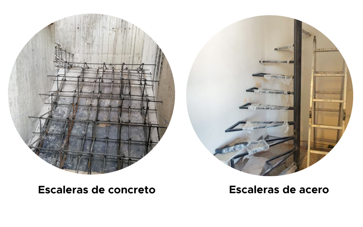 Foto comparativa de unas escaleras de concreto y unas escaleras de acero