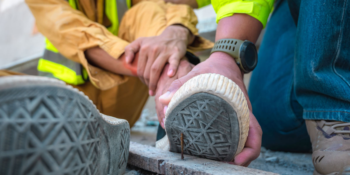 Fotografía de un clavo enterrado en el pie de un albañil durante la realización de obras de construcción
